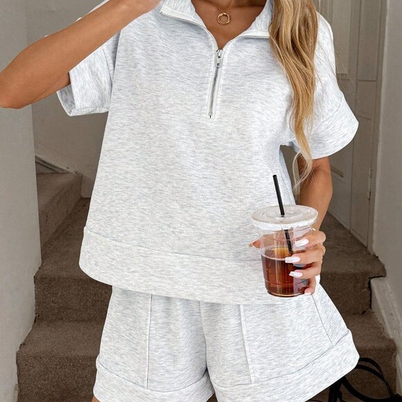 Light Grey Casual Women's Loose Zipper Polo Collar Top and Shorts Set - Picture 3 of 7